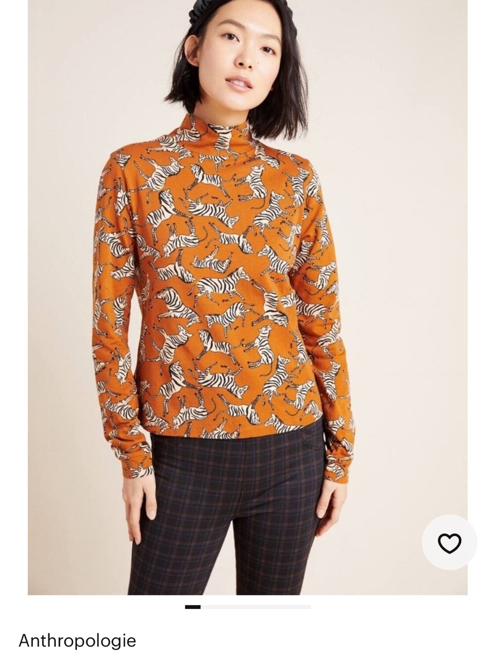 Anthropologie Orange Zebra-Print Mockneck Long-Sleeve Top